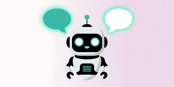 Cute AI robot character with speech bubbles for chatbot concept illustration