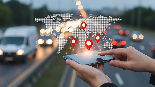 Global logistics tracking with a mobile app for efficient transportation, delivering packages worldwide with speed and precision, featuring pinpoint accuracy