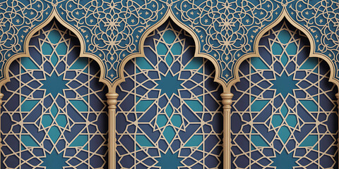 Detailed Islamic geometric pattern design with arches in blue and gold