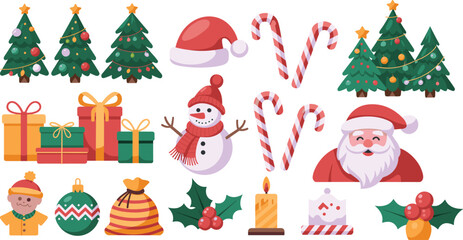 Christmas icons collection with festive trees, Santa, snowman, gifts, candy canes, ornaments, holly, gingerbread, and holiday decorations.