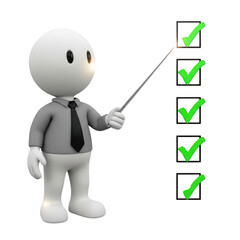 3d character pointing at a checklist with green checkmarks isolated on transparent background