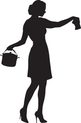 Silhouette of a Woman in a Dress Holding a Pot and a Cloth on a White Background image vector