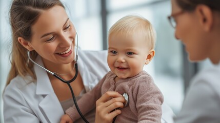 Pediatrician checks smiling baby's heartbeat in bright clinical room with mother present