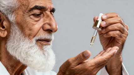 Elderly man enjoys self care with natural oils. Cosmetics advertising