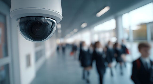 Close-up view of a surveillance camera monitoring a busy school corridor filled with students in uniforms.