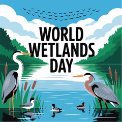 Naklejka premium World Wetlands Day Celebration with Herons and Ducks