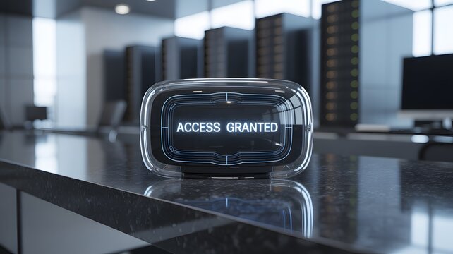 A futuristic access granted message at a data center, symbolizing secure data and network.