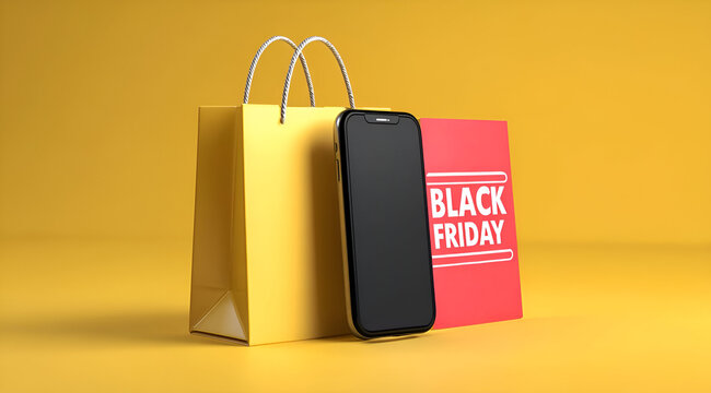 Smartphone and shopping bag on colorful background, highlighting Black Friday sales and modern consumer culture.