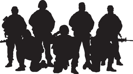 Fototapeta premium Silhouette of six soldiers in various stances with rifles on a white background military army