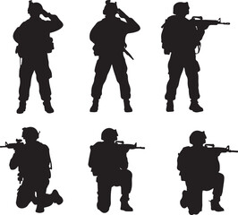 Naklejka premium Six silhouettes of soldiers in different poses with rifles on a white background military army