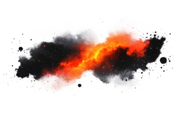 Vibrant orange and red explosion with transparent grey smoke against a transparent background