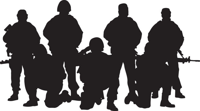 Silhouette of six soldiers in various stances with rifles on a white background military army
