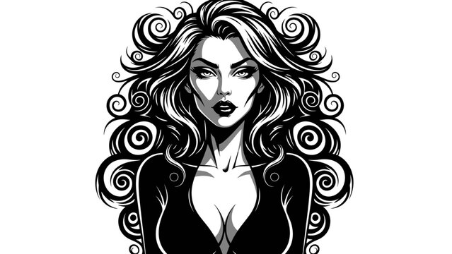 Striking black and white illustration of a mysterious woman with voluminous curly hair and an intense gaze.