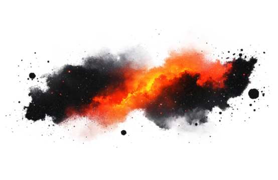 Vibrant orange and red explosion with transparent grey smoke against a transparent background
