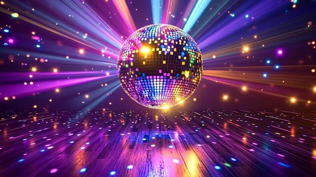 Bright, colorful neon lights reflecting from a shiny disco ball spinning over a wooden dance floor. Seamless loop animation of a nightclub party creating a vibrant, festive atmosphere