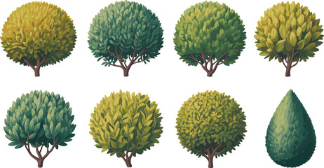 Stylized tree collection with varied foliage shapes and seasonal tones for nature-themed design, animation, and educational illustration.