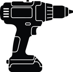 A black silhouette illustration of a cordless power drill tool icon