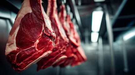 Fresh cuts of beef hanging in a butcher shop, showcasing quality meat in a clean and organized environment.