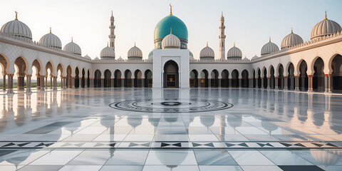 Magnificent Mosque Architecture with Reflective Marble and Peaceful Religious Atmosphere