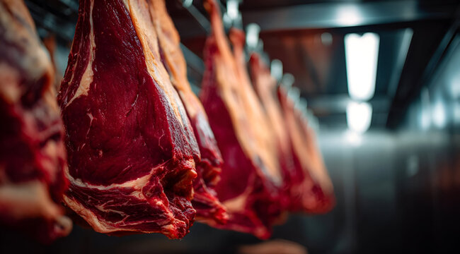 Close-up of freshly hung meat cuts, showcasing vivid colors and textures, highlighting the art of meat preservation.