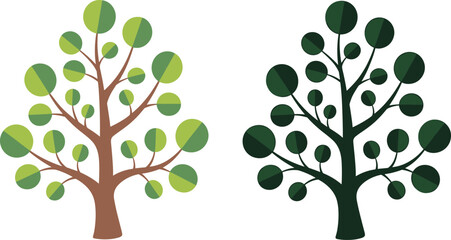 Stylized tree duo with contrasting color palettes and circular foliage for nature-themed design, mood illustration, and educational use.