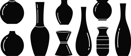 A collection of black silhouette vases in various shapes and sizes