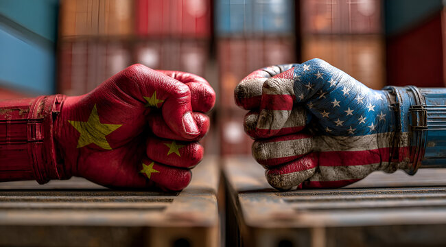 A symbolic representation of competition between nations depicted by fists painted in national colors.