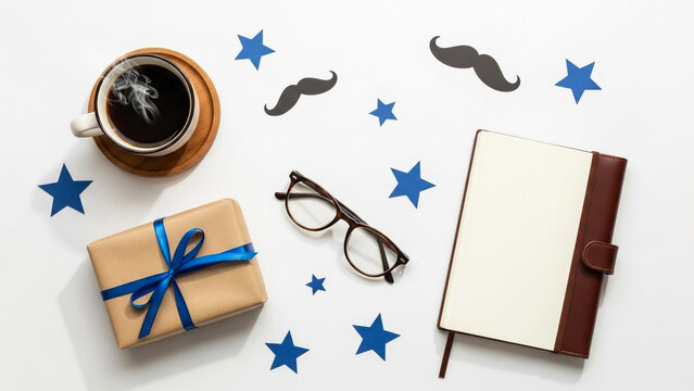 Father's day gift ideas coffee notebook glasses mustache stars flat lay top view