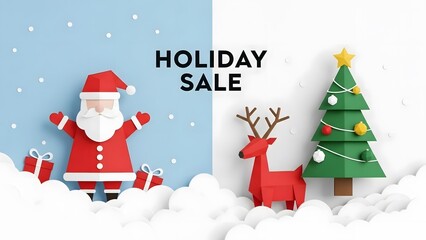 Festive Holiday Sale Announcement with Paper-Cut Santa, Reindeer, and Christmas Tree Elements
