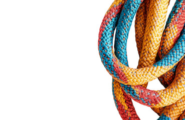 Vibrant climbing rope coiled against a transparent background