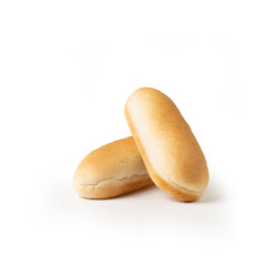 Hot dog buns on a clean white background, showing soft texture and classic shape, perfect for food packaging, bakery concepts, and culinary presentations.