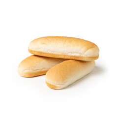 Hot dog buns on a clean white background, showing soft texture and classic shape, perfect for food packaging, bakery concepts, and culinary presentations.