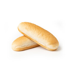 Hot dog buns on a clean white background, showing soft texture and classic shape, perfect for food packaging, bakery concepts, and culinary presentations.