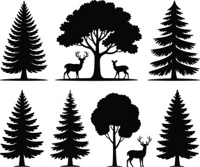 Tree and deer silhouette collection with diverse foliage styles for forest, wildlife, nature-themed design, and educational illustration.