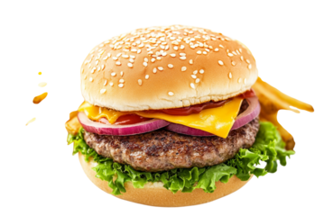 Juicy beef burger with melted cheese and fresh toppings on a sesame seed bun
