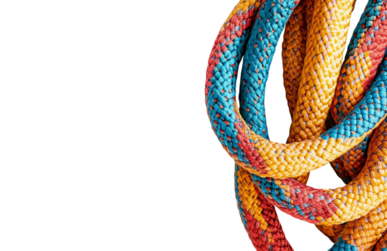 Vibrant climbing rope coiled against a transparent background