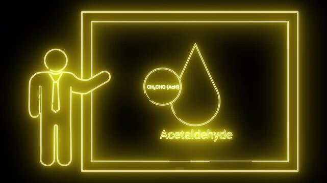 Luminous yellow neon presenter points to a board with the Acetaldehyde formula and a raindrop image