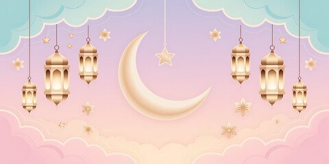 Ramadan Kareem illustration with crescent moon lanterns and pastel colors
