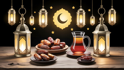 Ramadan Kareem composition with dates tea and hanging decorative lanterns