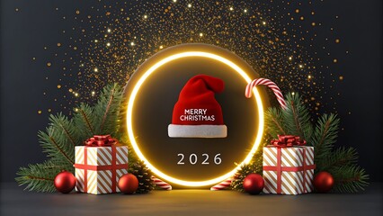 Glowing neon christmas circle with santa hat gifts and festive decorations for holiday theme  
