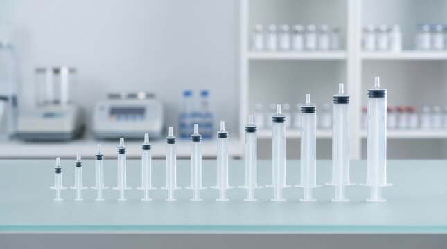 Medical laboratory syringes arranged in size order for healthcare