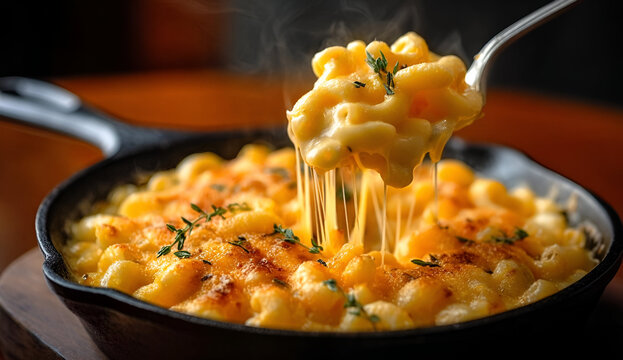 Deliciously creamy macaroni and cheese served in a sizzling skillet, perfect for comfort food lovers and culinary enthusiasts.