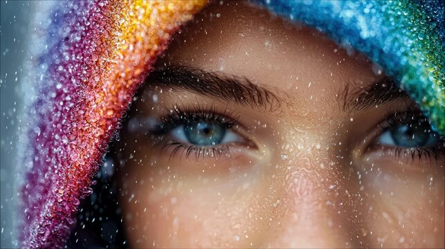 Close-up of a woman's eyes, with water droplets and a colorful hood, evoking a sense of emotion and introspection.