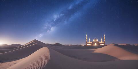 Serene Desert Nightscape with Mosque and Milky Way Sky
