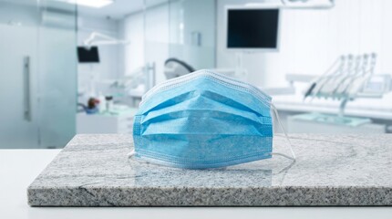 Blue medical mask on a sterile counter in a modern clinic