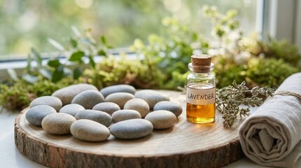 Lavender oil bottle with smooth stones and greenery