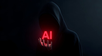Fototapeta premium An enigmatic figure cloaked in darkness holds a glowing red 'AI' symbol, symbolizing the mysteries of artificial intelligence.