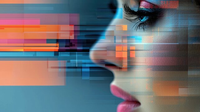 Close-up of a woman's face in profile, overlaid with a digital abstract design. The image features vibrant colors and a modern aesthetic.