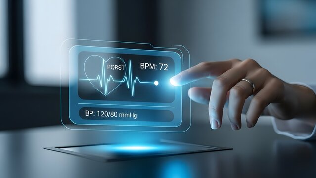 Futuristic medical technology interface displayed on holographic screen with hand interaction - Powered by Adobe