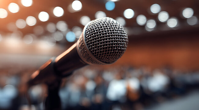 Close-up of a microphone ready for a speaker in a conference setting, capturing the anticipation of an engaging presentation.